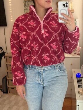 Old Navy Sherpa Half-Zip Pullover Floral Berry Pink Cropped Size M